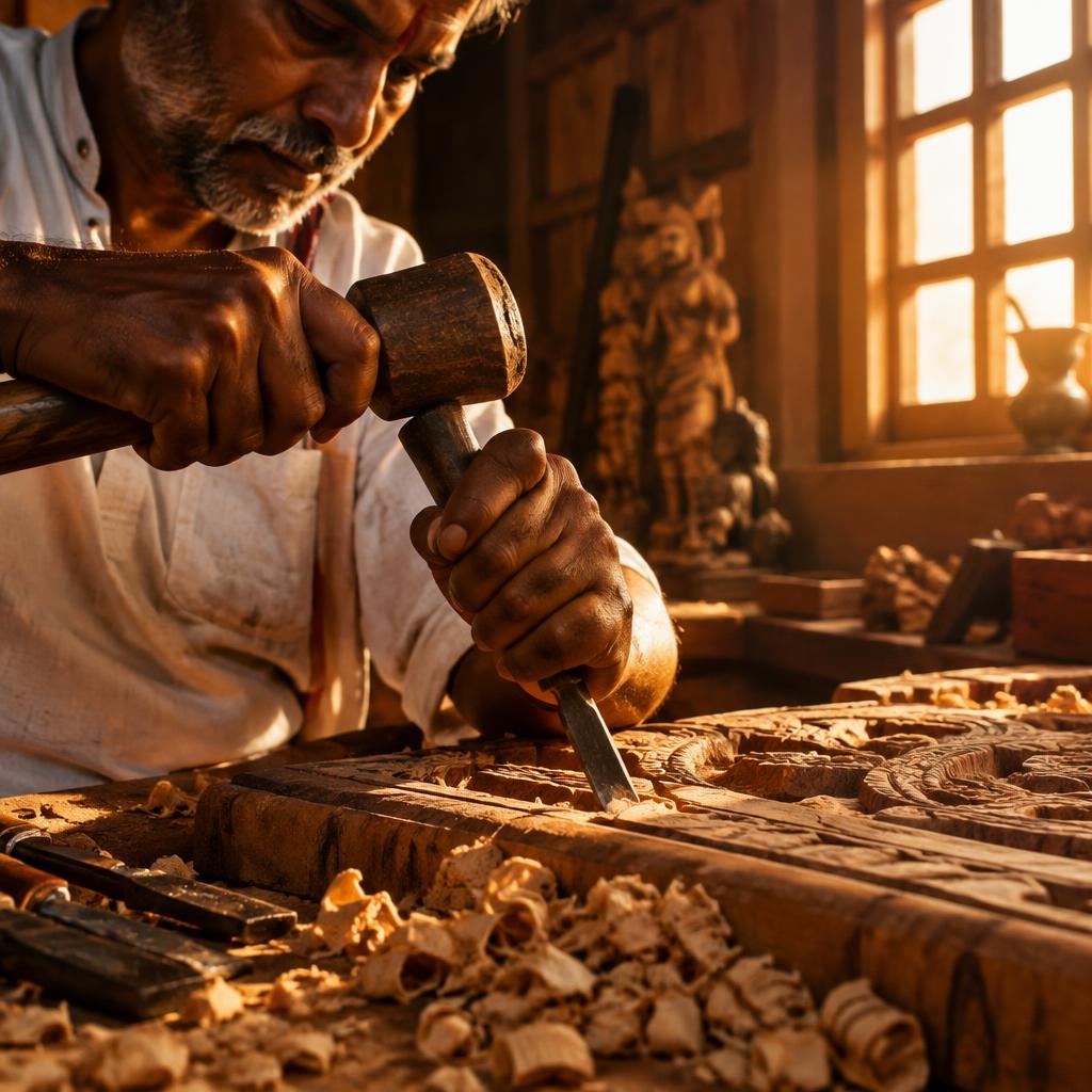 Master artisan carving wood in the Harsh Home Crafts workshop